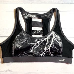 Avia Black & White Marbled Racerback Sports Bra | Slit Back | Lightly Padded